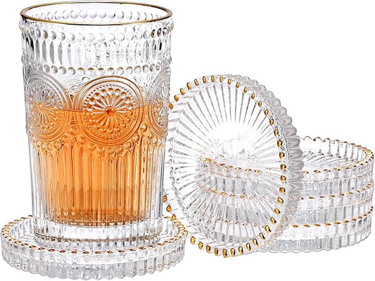 Set of 5 Modern Clear Coaster, Glass Coasters for Drinks, Crystal Coasters Round Cup Mat, Coffee Table Decor for Office, Kitchen, Bar, Dining Room, Living Room, Patio (Clear with Gold Rim)