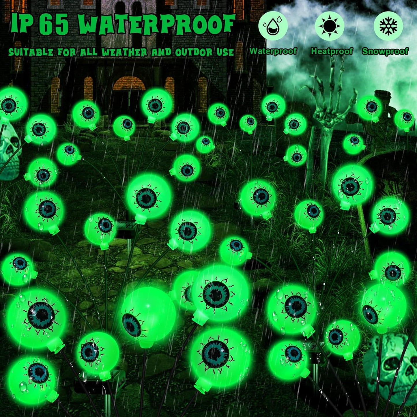 Solar Halloween Decorations, 4 Pack 24 LED Spooky Eyeball Lights, Outdoor Waterproof Solar Green Firefly Lights for Garden Yard Patio Pathway Lawn Halloween Party