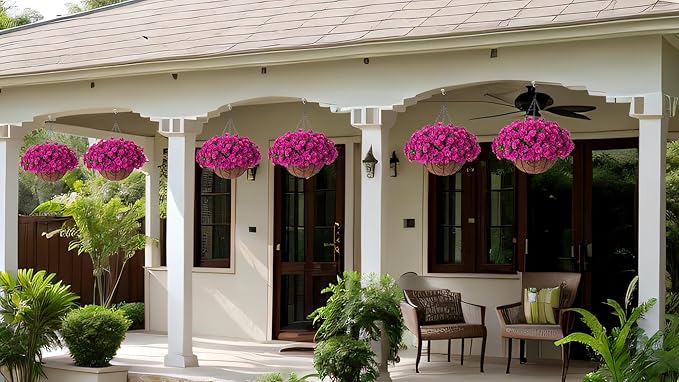 Ammyoo Artificial Hanging Flower Plants with Basket for Outdoor Decoration, Faux Petunias Flowers Fake Morning Glory Planter for Outside Patio Garden Porch Balcony Yard Decor(Fuchsia)