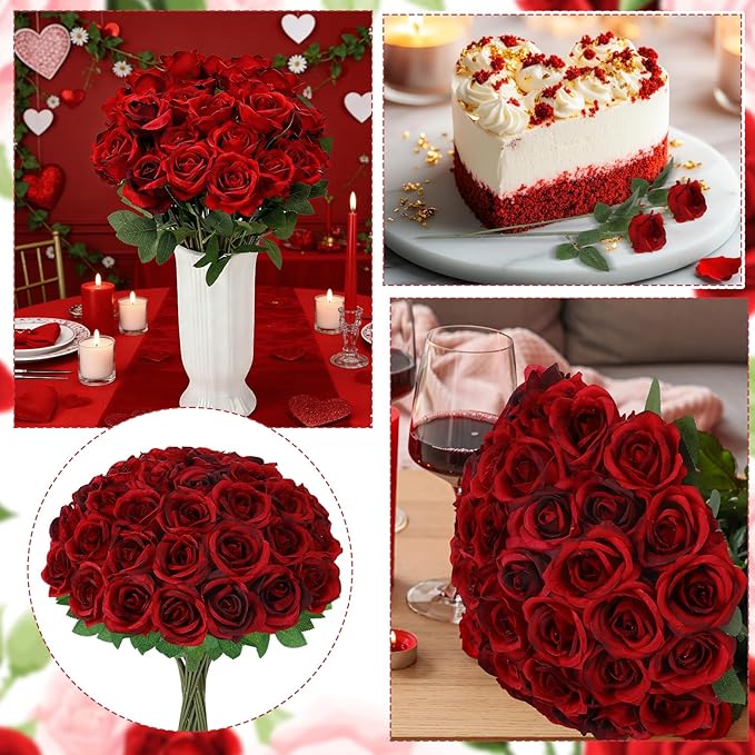 36 Pcs Burgundy Artificial Roses with Long Stems, Fake Silk Rose Artificial Flowers Bulk for Bridal Wedding Bouquet Centerpiece Ball Arrangement Party Decor