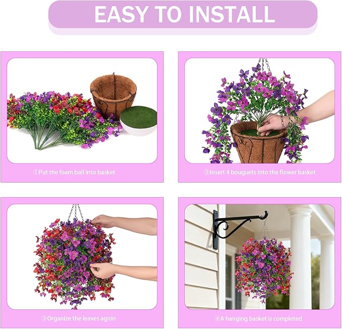 Artificial Hanging Flowers Plants with Basket for Outdoors, Realistic Faux Silk Daisy Flower Eucalyptus for Spring Decor, UV Resistant Fake Plants for Porch Patio Yard Balcony, Purple Red Brown