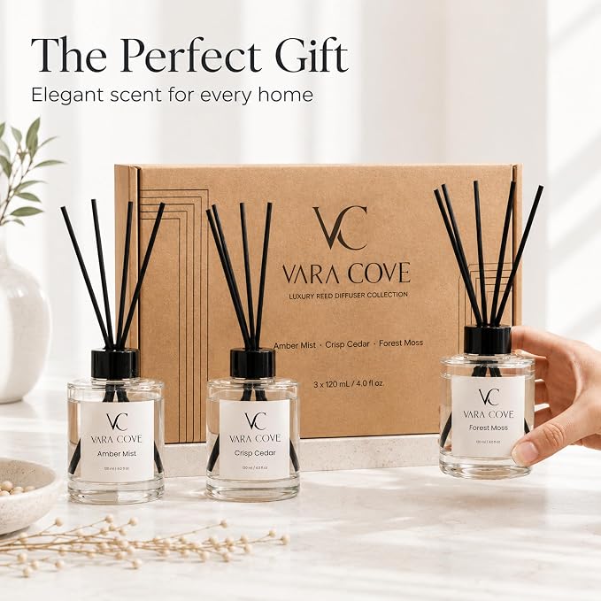 Reed Diffuser Set 3 Pack Premium Reed Diffusers Amber, Cedar & Moss Scents Long Lasting Home Fragrance Gift Set for Bathroom, Office & Home