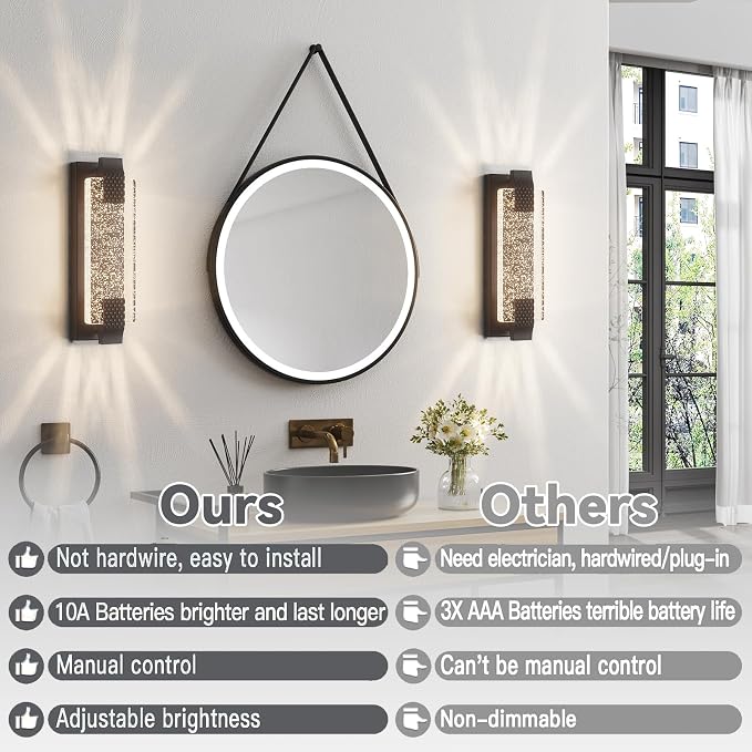 camuucci Battery Operated Wall Sconce Rechargeable Battery Powered 12000mAh Wall Light Indoor Not Hardwired Wall Lamp Fixtures for Bedroom Living Room 1Pack