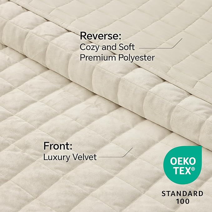 BEDELITE Velvet Quilt Set Oversized California King - Luxury Soft Velvet Comforter Bedding Set for All Season, Lightweight Quilted Box Stitch Oversized Bedspread Coverlet with 2 Matching Shams, Cream