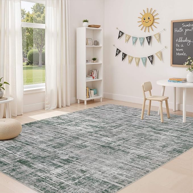 UERMEI 6x9 Washable Area Rug for Living Room: Modern Neutral Abstract Soft Low Pile Carpet Non-Slip Pet Kids Friendly Indoor Decor for Bedroom Dining Room Home Office Nursery Grey/Green