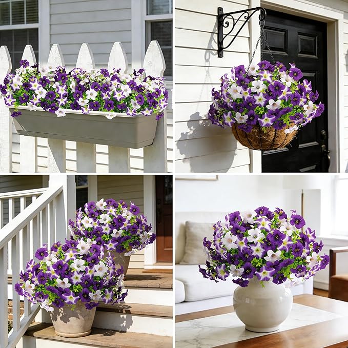 20 Bundles Artificial Petunias Flowers for Outdoors, Faux Silk Flowers UV Resistant Realistic Fake Plants for Outside Planters Porch Patio Yard Garden Spring Summer Home Decor, Purple White