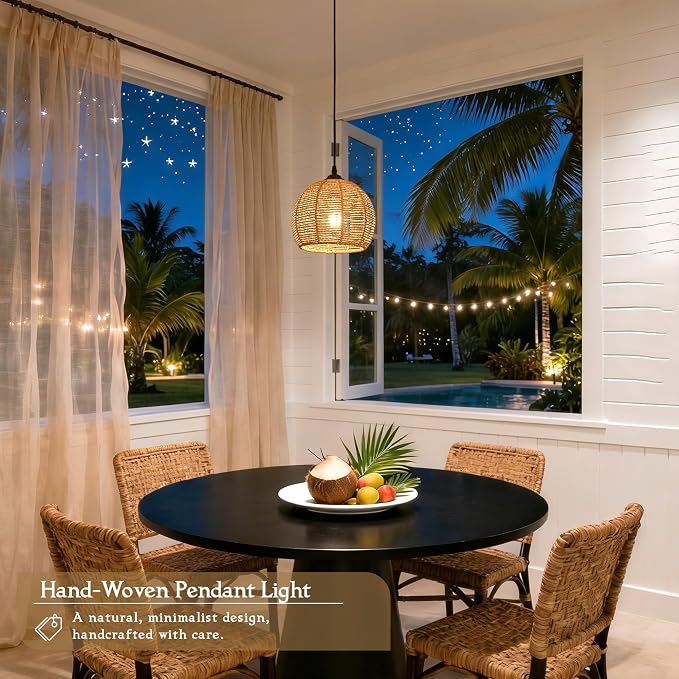 Plug in Mini Hemp Rope Woven Pendant Light Woven Light Fixture Boho Chandelier Wicker Pendant Lights Rattan Plug in Cord Hanging Lights Dome Wicker Chandelier for Bedroom (Bulb Incl.)