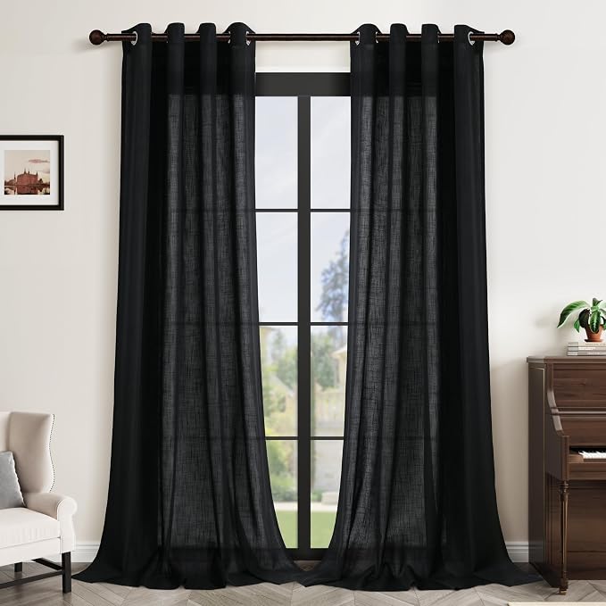 Black Linen Curtains for Bedroom Living Room 84 Inches Long 2 Panels Set Boys Room Doorway Light Filter Farmhouse Cotton Linen Drapes Semi Sheer Boho Black Window Curtains 84 Inch Length Grommet