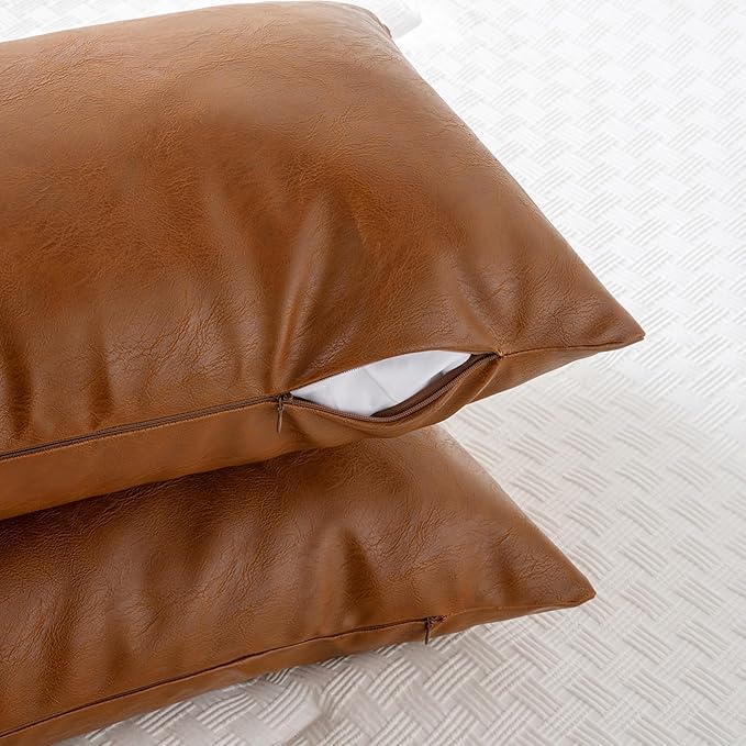 Fancy Homi Brown Boho Long Lumbar Faux Leather Body Decorative Throw Pillow Cover 12x40 Inch for Bedroom Couch Bed Bench, Thick Stylish Solid Rectangle Pillowcase, Rustic Modern Farmhouse Room Decor