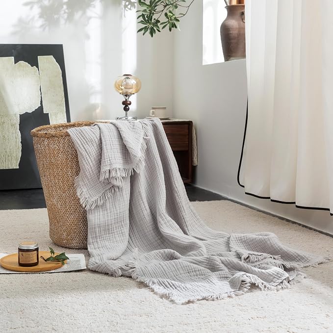 FOSSA Muslin Blanket 4-Layer 100% Cotton Gauze Blanket with Fringe 50"x70" | Super Soft Breathable Lightweight All Season & Decorative Blanket or Bed, Sofa, Office (Grayish,Throw XL)