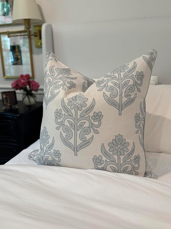 Jillien Harbor “The Naples” Floral Block Print Pillow Cover – Soft Grey and Off-White Decorative Throw Pillow Cover – Grandmillennial Home Decor, 24" x 24"