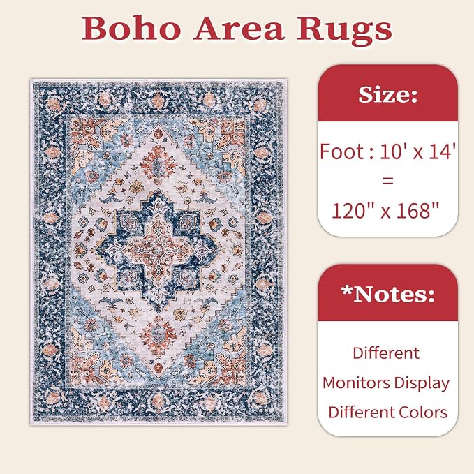 SERISSA 10x14 Area Rugs for Living Room, Large Washable Non-Slip Boho Rug, Ultra Soft Vintage Oriental Blue Orange Print Distressed Carpet for Dining Room Bedroom Office Home Decor
