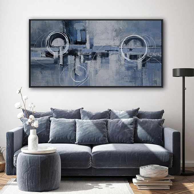 YDYSUNE Large Framed Abstract Wall Art, Modern Minimalist Blue & White Canvas Artwork Painting for Living Room, Bedroom & Office Wall Decor, 24×48 Inches