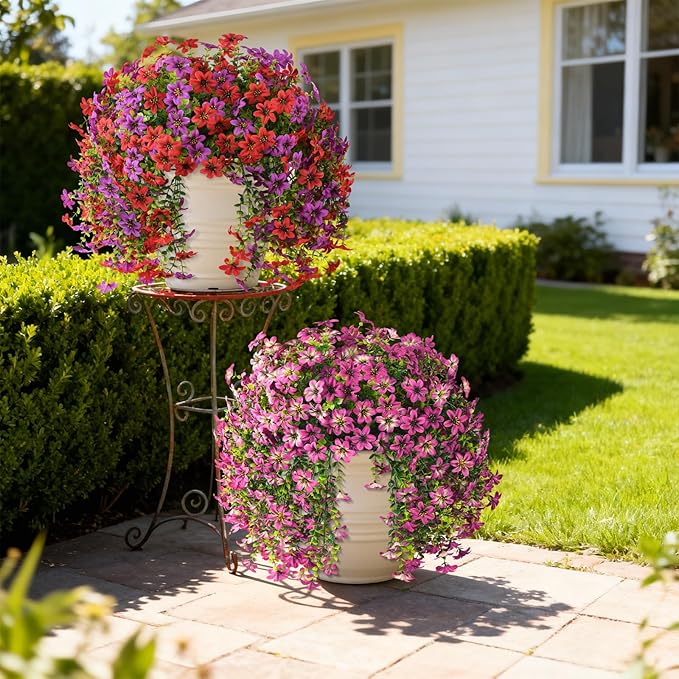 Artificial Hanging Baskets Outdoor, 4 Bundles Artificial Hanging Flowers Outdoors Spring Summer Decoration, No Fade Realistic Fake Hanging Baskets for Porch Patio Balcony Home Yard Decor