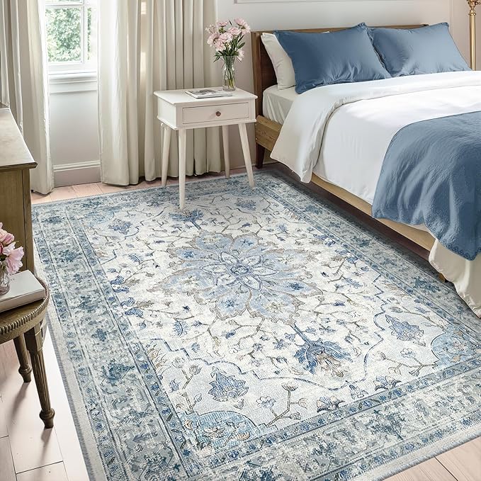RELEANY Area Rugs 5'x8' Washable Non-Slip, Floral Vintage Distress Print Pattern Medallion Carpet for Living Room Bedroom Dining Room, Light Blue Navy Beige Gray White