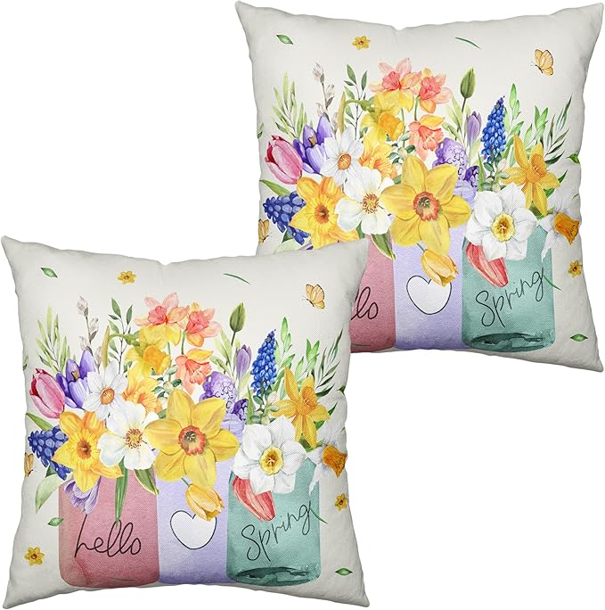 Spring Throw Pillow Covers 20x20 Set of 2 Daffodils Flower Pillow Covers Floral Vase Outdoor Pillowcase Watercolor Cotton Linen Cushion Case for Sofa Outdoor Patio