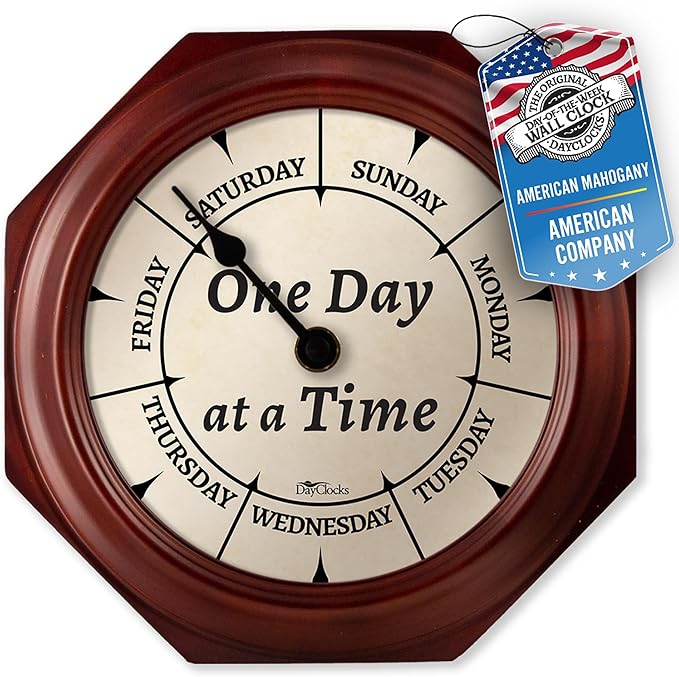 Classic “One Day at a Time” Day of The Week Wall Clock - 10" Solid Mahogany Wood Frame, Ideal Retirement Gift for Men and Women, Day Clock for Seniors and Retirees