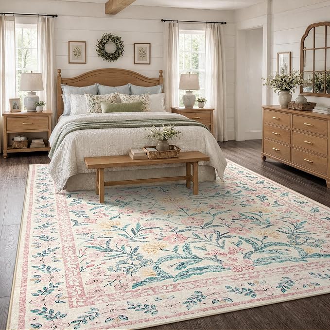 Wonnitar Floral Large Rugs for Living Room, Soft Light Pink Rug Washable 9x12 Carpet Non Slip, Boho Foldable Non-Shedding Kids Carpet for Bedroom Girls Nursery Dorm Playroom