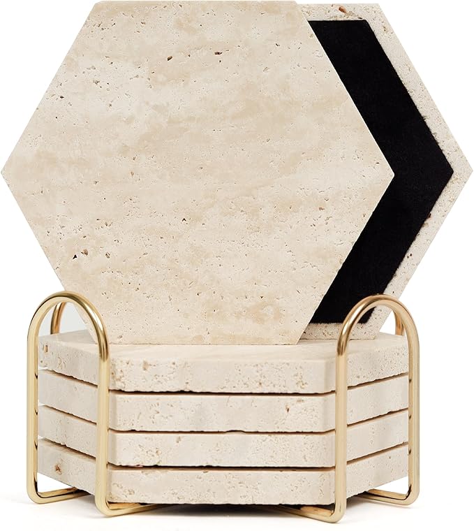 Travertine Coasters Set of 6 with Holder, Hexagonal Rustic Farmhouse Beige Marble Drink Coasters for Coffee Table Decor, Porous Stone Absorbent Coaster for Drinks, Velvet Backed