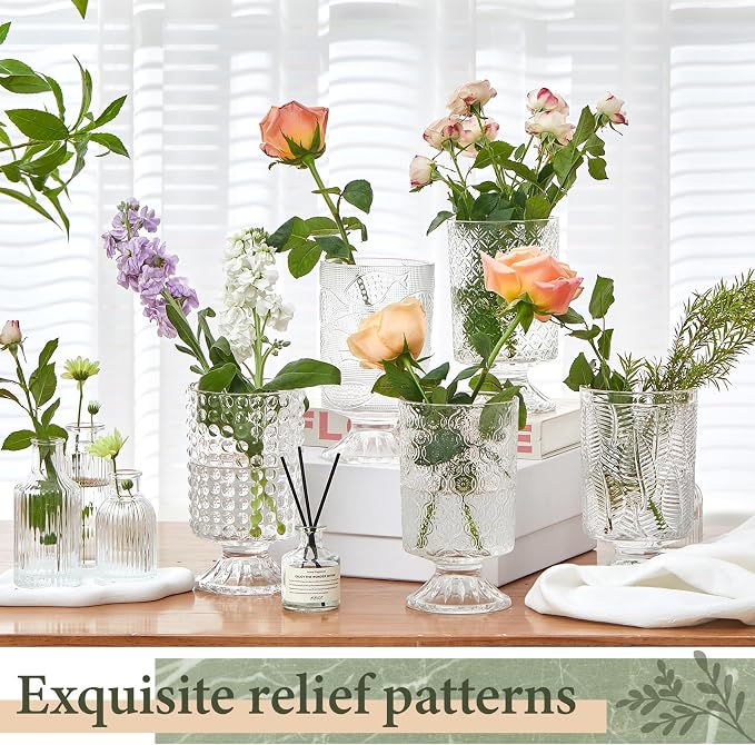 9 Pcs (H: 7" W: 4") Embossed Flower Vase Pedestal Glass Vase Big Base Thickened Crystal Vintage Vases for Wedding Party Home Decor Table Centerpiece House Warming Gifts (Clear,Stylish)