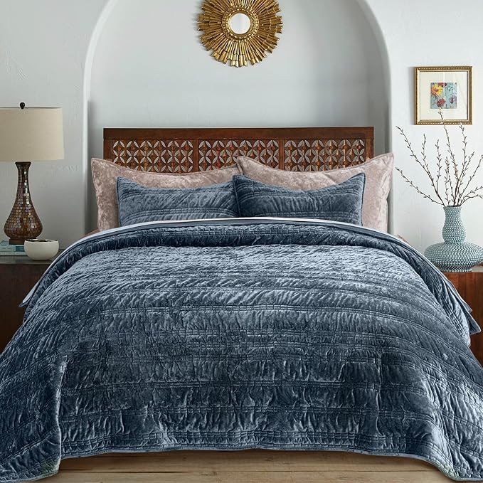 EverGrace Luxury Ruched Velvet Quilt Queen Size, Ultra Soft Bedspread Coverlet Set, Lightweight Velvet Comforter, Quilted Bedding Cover with 2 Matching Shams for All Season, Stormy Blue