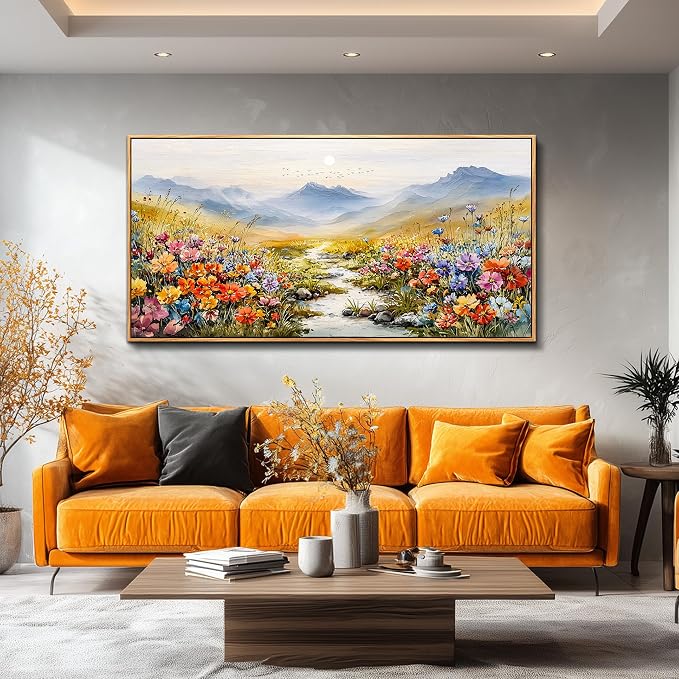 XIGUANGART Floral Framed Canvas Wall Art, 24"X48" Watercolor Flower Colorful Oil Painting, Modern Wildflower Wall Decor, Large Flowers River Sunrise Landscape Artwork for Living Room, Bedroom, Office