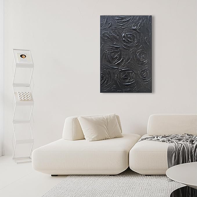 NANKAI Art Hand-Painted Black Rose Texture Abstract Art Oil Painting, Modern Style Abstract Wall Decoration, Three-Dimensional Simple Black Flower Texture Relief, Vertical Painting 36x24 inches