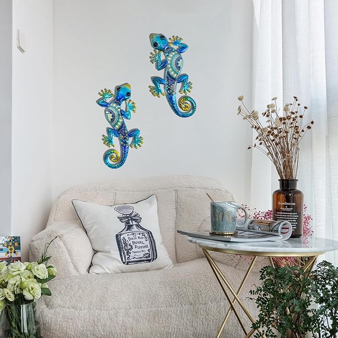 HONGLAND Metal Gecko Wall Art 2Pcs Outdoor Wall Decor 12 Inch Lizard Metal Hanging Wall Decoration Glass Sculpture for Garden Yard Patio Fence Home (Boho Blue)