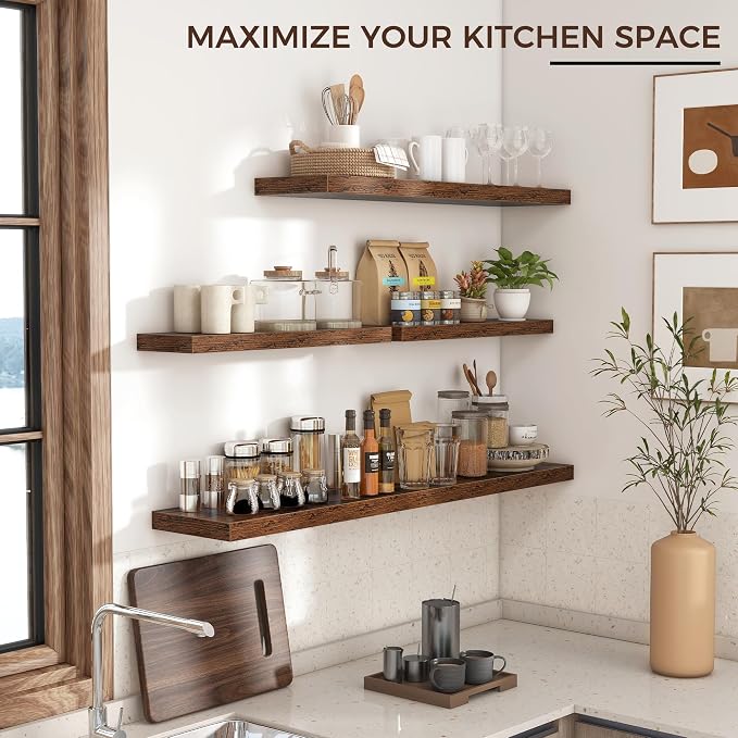 36" Wide x 8" Deep Floating Shelves for Wall, Rustic Brown, 2-Pack | Engineered Wood Wall Shelves with Invisible Brackets for Living Room, Bedroom, Bathroom, Office & Kitchen Storage