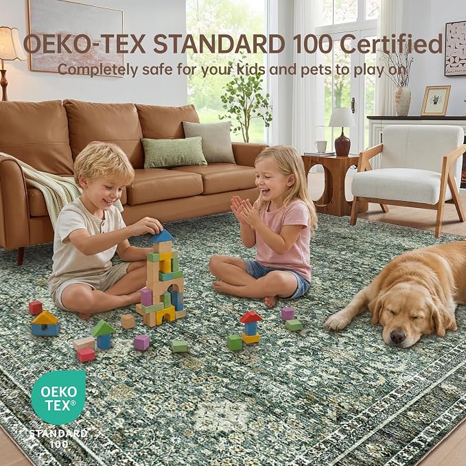 Sasttie 5x7 Area Rugs, Ultra-Soft Washable Rug, Low Pile Foldable Thin Carpets with Non-Slip Backing, Skin-Friendly Stain Resistant Carpet for Living Room, Bedroom, Kitchen, Dorm, 5x7, Dark Green