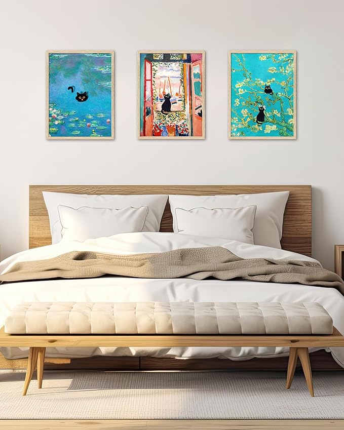 UPWOIGH Matisse Inspired The Open Window Wall Art with Black Cat, Red Window Canvas Print, Beige Oak Wood Framed 12x16 Inch Decor