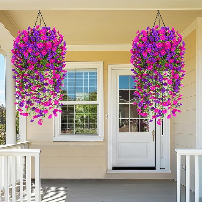 Dolicer 4 Packs Look Real Artificial Flowers for Outdoors, Fake Artificial Hanging Flowers for Outdoors Realistic UV Resistant Hanging Flowers Silk Petunia Faux Flowers for Porch Patio(Purple+Fuchsia)