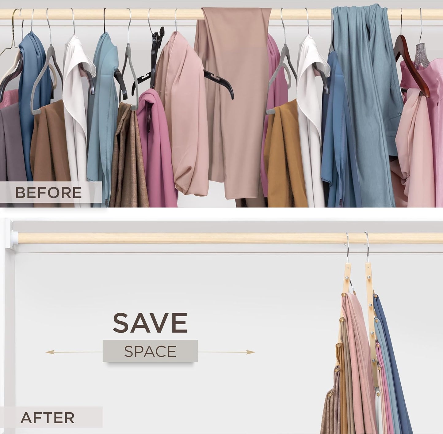 MORALVE Pants Hangers Space Saving - European Beechwood Scarf and Jean Hangers - Closet Organizer and Space Saver Pant Rack, Leggings Hanger, and Scarf Holder with 360° Swivel Hook (1 Pack)