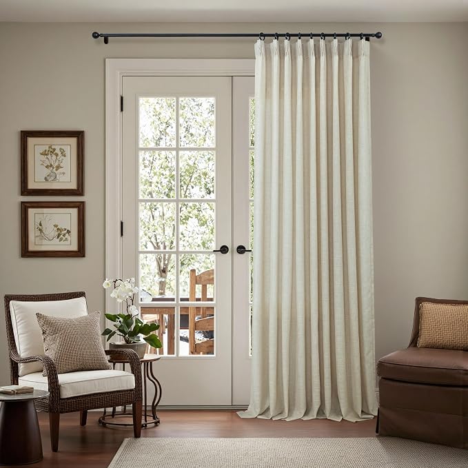 Beige Pinch Pleat Linen Curtains 84 Inch Length 2 Panels for Bedroom Living Room Light Filtering 60 Inch Wide Curtain Farmhouse Flax Linen Pleated Drape for Patio Sliding Door Back Tab 60x84 Long Ecru