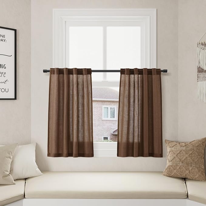 Caramel Brown Cafe Curtains 30 Inch Length Linen Privacy Light Filtering Pleated Short Curtain Rod Pocket Back Tab Design Shabby Chic Kitchen for Bathroom Laundry Room Small Window 2 Panels 26Wx30L