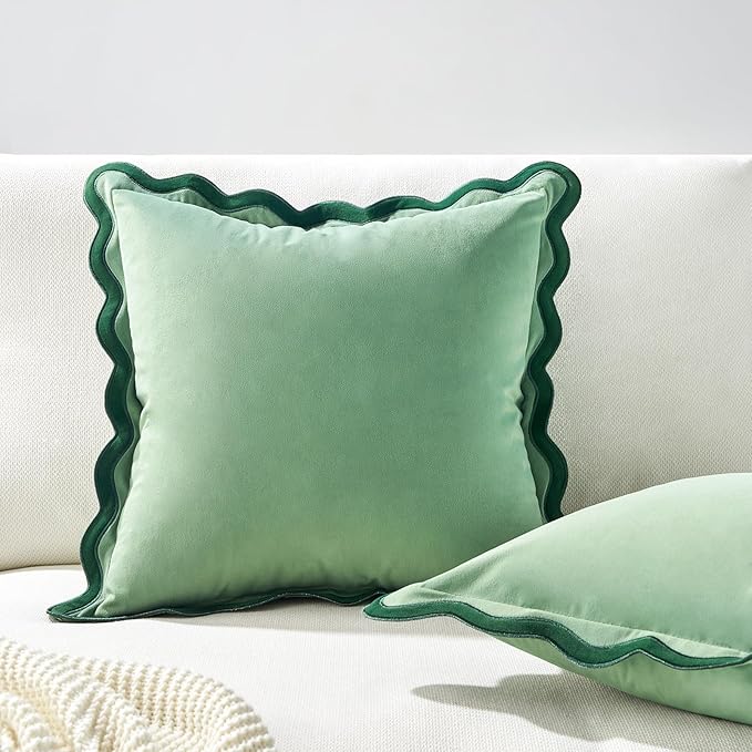 MONDAY MOOSE Decorative Throw Pillow Covers Cushion Cases, Set of 2 Soft Velvet Scalloped Wavy Edge Designs, Mix and Match for Home Decor, Pillow Inserts Not Included (22x22 inch, Green/Light Green)