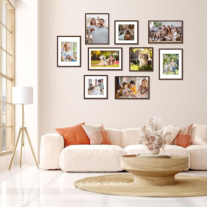 FIXSMITH 11x17 Picture Frame Brown Set of 2, Photo Frame with HD Plexiglass, Display Pictures 9x15 with Mat or 11x17 Without Mat, Brown Picture Frames Collage Wall Decor, Gallary Wall Frame