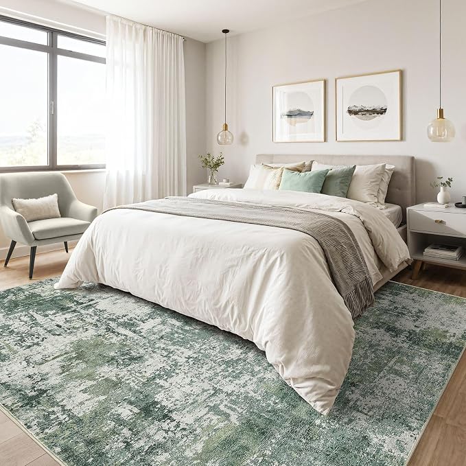 7x9 Area Rug Living Room: Washable Large Abstract Soft Stain Resistant Indoor Floor Rugs Non-Slip Accent Carpet for Bedroom Nursery Playroom Office Dining Room Home House- Dark Green