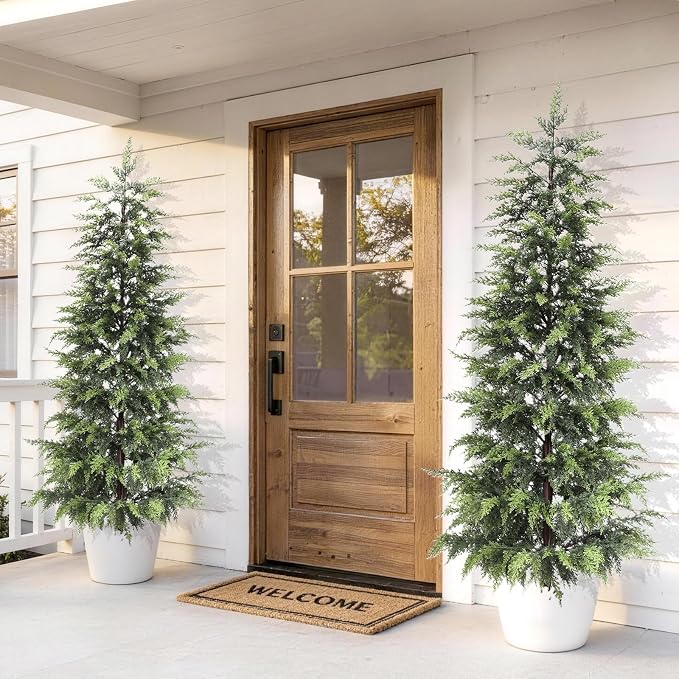 ENVEN Outdoor Artificial Topiary Cedar Tree Real Touch Faux Pine Evergreen Shrub Plant UV Resistant Greenery Tree with Pot Realistic Cypress Front Porch Decor (5FT-2Pack)