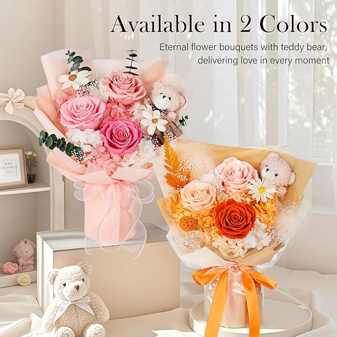 Preserved Flowers Bouquet with Bear, 3 Real Forever Flowers for Delivery, Long-Lasting Pink Eteranl Roses Bouquet, Mothers Day Gifts for Mom Grandma, Anniversary Birthday Gifts for Women Girlfriend