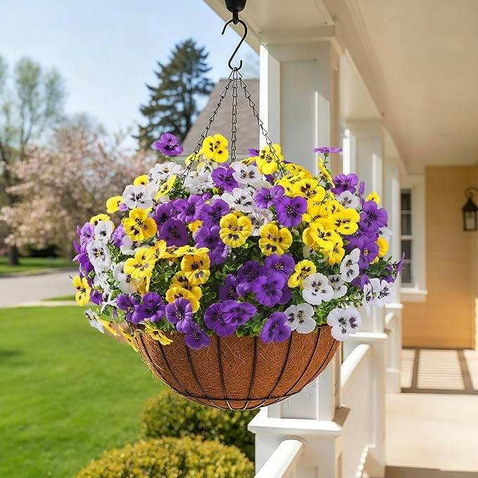 Alupssuc 36 Bundles Artificial Flowers for Outdoors, Fake Spring Flowers for Decoration, UV Resistant Realistic Pansies with Eucalyptus Silk Faux Flowers for Porch Patio Yard, Purple Yellow White