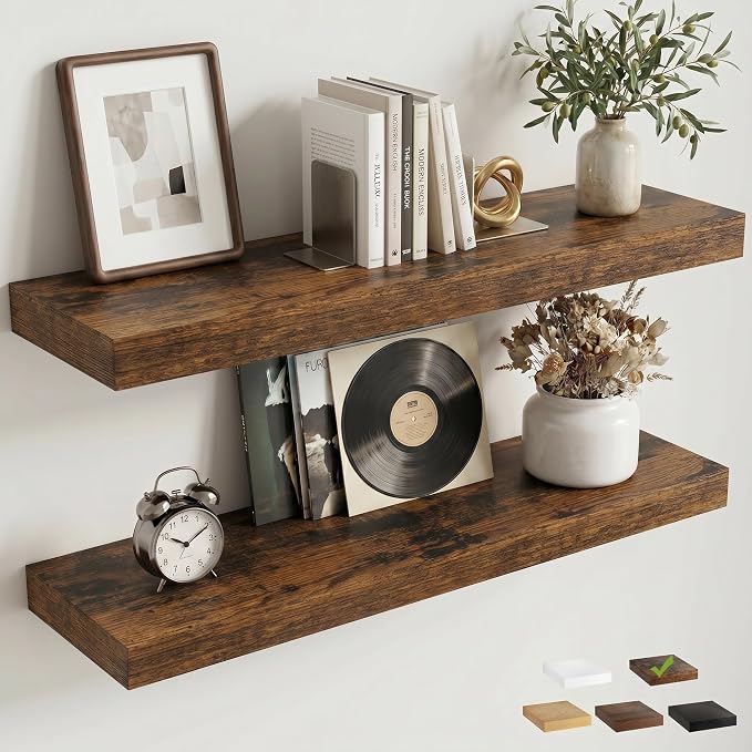30 Inch Floating Shelves for Wall, 8"D Wood Storage Shelves, Brown Finish | Engineered Wood, Invisible Bracket, Large Storage, Easy Install, Hold Up to 44lbs, Living Room, Bathroom, Bedroom, Kitchen