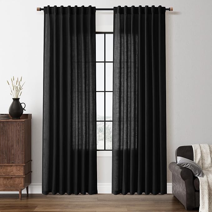 Nanspring Black Linen Curtains 84 Inches Long for Living Room Bedroom Back Tab Semi Sheer Curtain 84 Inch Length 2 Panels Set Light Filtering Farmhouse Soft Lightweight Drapes Black W50 x L84
