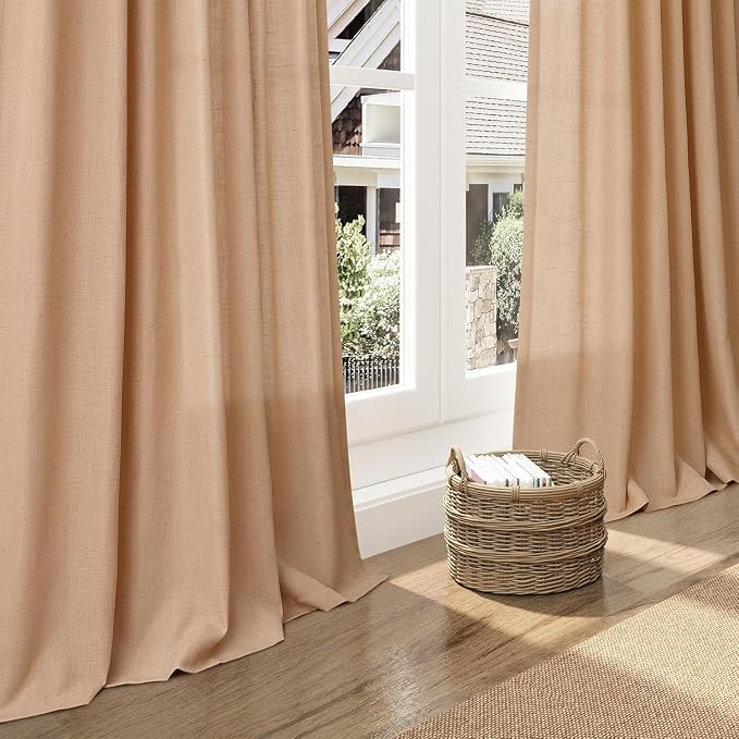 Nanspring Camel Linen Curtains for Living Room 105 Inches Long Back Tab and Rod Pocket Light Filtering Semi Sheer Vintage Rustic Curtain Luxury Boho Decor Drapes for Bedroom Office 52x105, 2 Panels