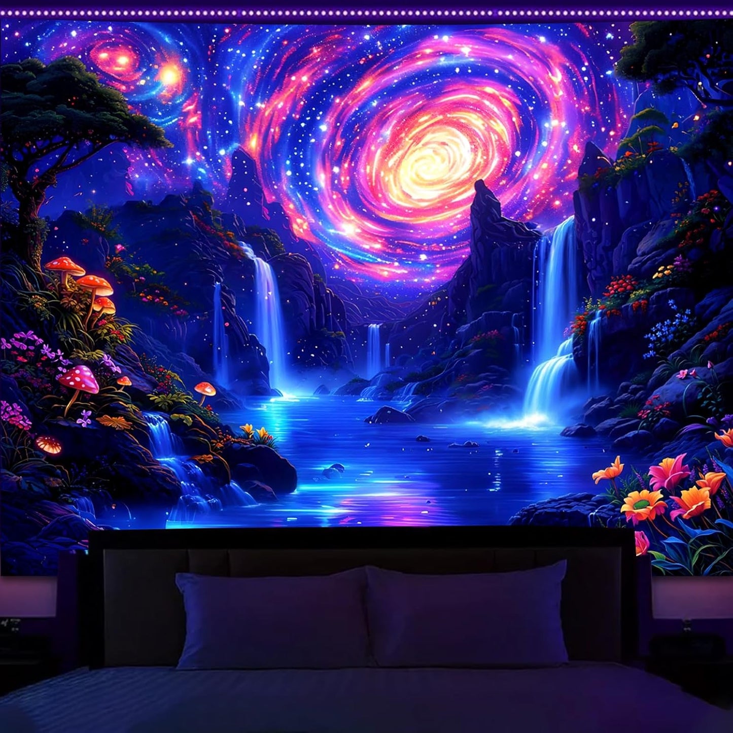Manicer Blacklight Galaxy Waterfall Neon Tapestry – UV Reactive Glowing Cosmic Spiral Sky Glow in the Dark Nature Fantasy Landscape Wall Art for Bedroom – 51.2" x 59.1"