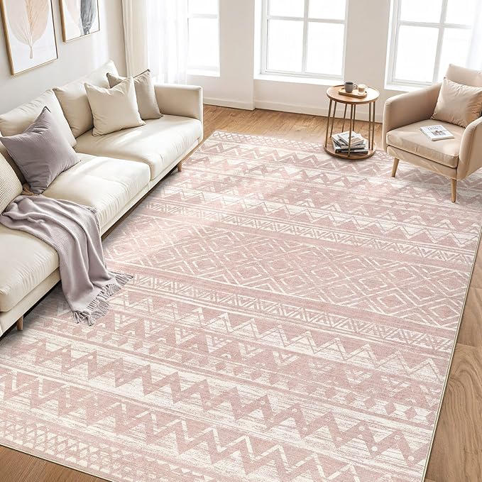 cotiled 5x7 Area Rug Living Room: Washable Boho Rugs with Non Slip Backing Large Soft Indoor Stain Resistant Carpet for Bedroom Farmhouse Dining Room Lightweight Home Decor Lotus Pink