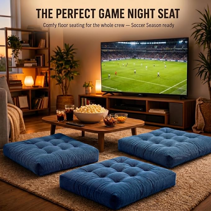 Degrees of Comfort Square Large Pillows Seating for Adults, Tufted Corduroy Floor Cushions for Living Room Tatami, Navy Blue, 22x22 Inch