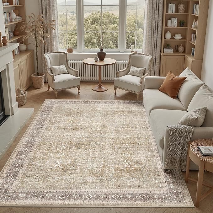 DCX Beige and Taupe 8x10 Rug, Kid & Pet Friendly with Rubber Back Non Slip, Machine Washable Stain Resistant Vintage Traditional Distressed Carpet, Rug for Living Room, Bedroom, Neutral Home Decor