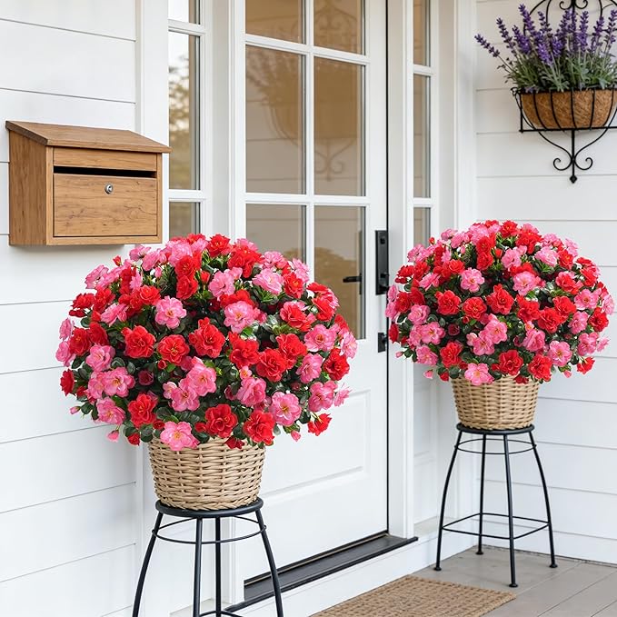 Artificial Faux Outdoor Flowers Plants for Spring Summer Decoration, Fake Silk Camellia UV Resistant Look Real for Planter Outside Front Door Porch Patio Balcony, 3 Large Bundles (Melon Red+Red)