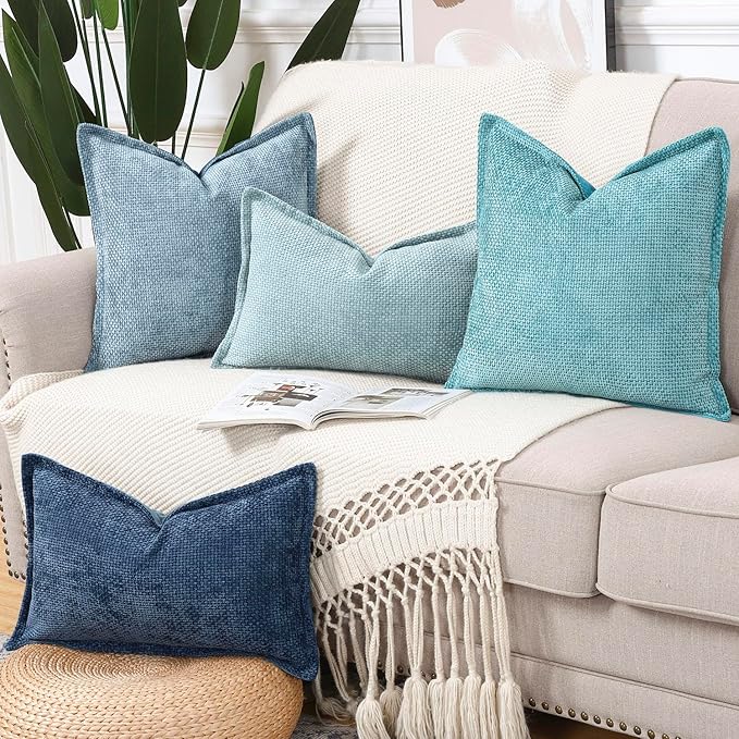 MADIZZ Decorative Chenille Velvet Throw Pillow Covers Set of 2 Soft Boho Textured Neutral Couch Throw Pillow for Bed Modern Farmhouse Home Decor for Sofa Livingroom Turquoise 18x18 Inch